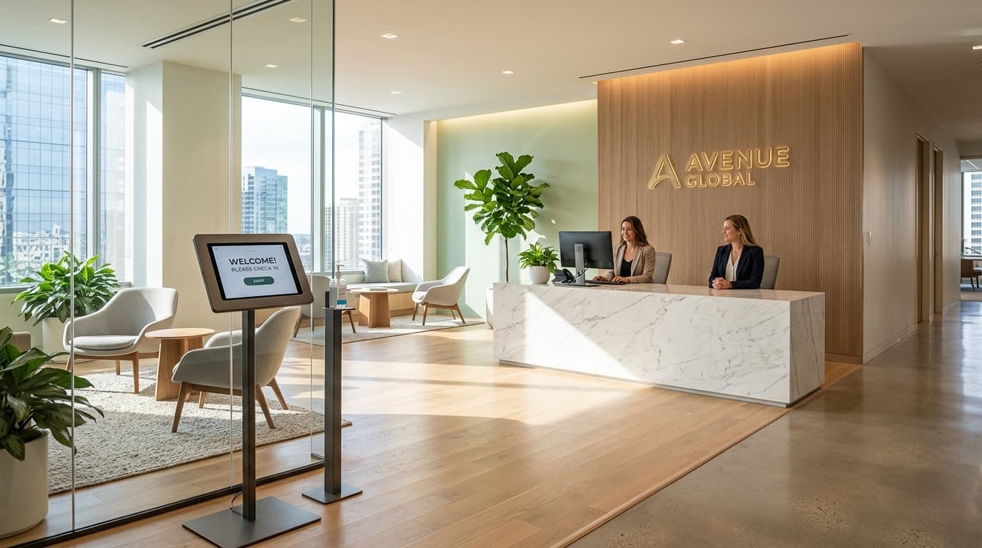 Modern reception desk with iPad check-in